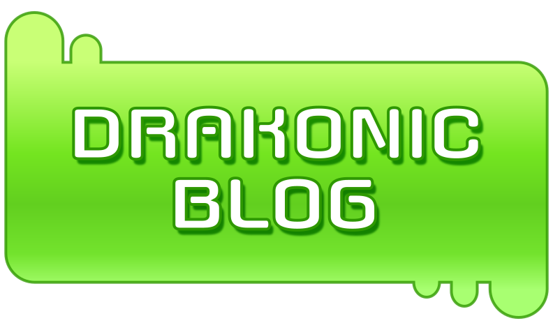 the text DRAKONIC blog in a green, glossy block.