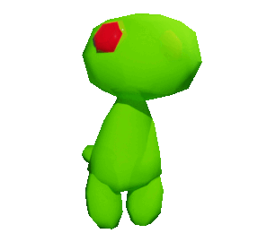 a small green goo creature looking around