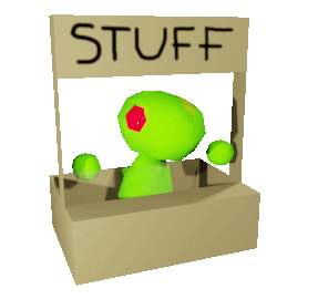 A green goo creature sitting behind a store stand, which has a sign that says 'STUFF'